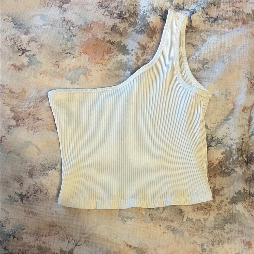 SHEIN Cream One-Shoulder Ribbed Tank Top